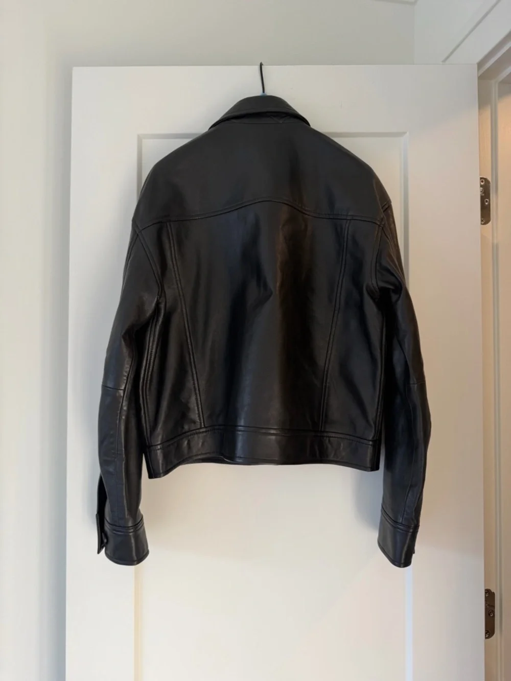 Quince Black Leather Bomber-Style Button Jacket - Picture 2 of 3